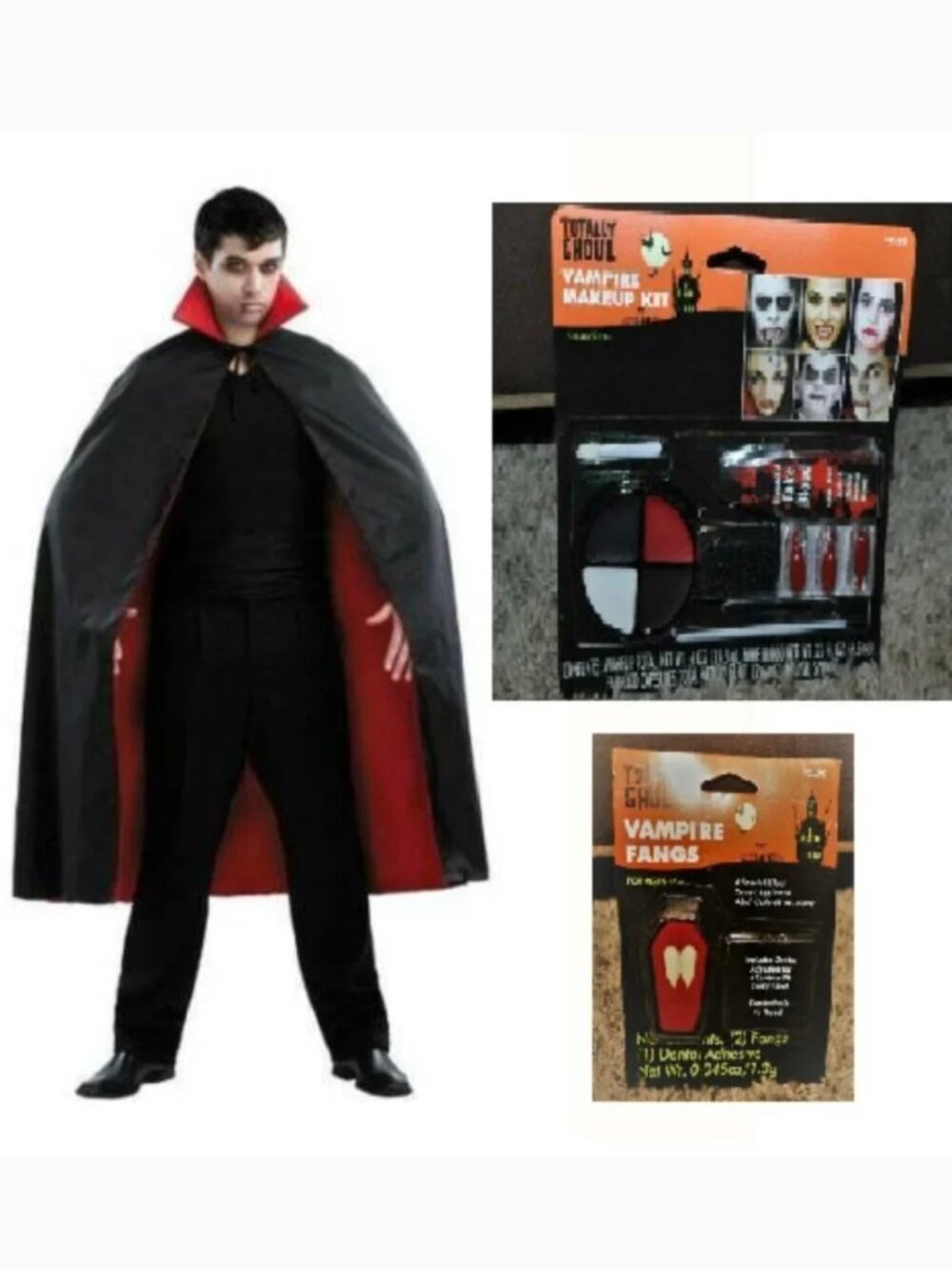 Vampire Dracula Halloween Costume 54" Black Cape, Teeth Fangs Makeup Adult 3 Pc